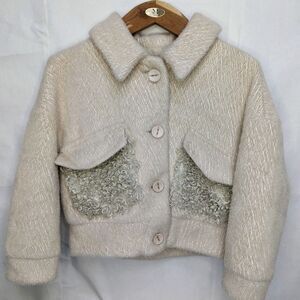 Womens Cropped Faux Fur Bomber Jacket Coat Size 12 Ecru Fluffy front pockets
